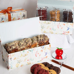 Rosh Hashanah Gourmet Almond Babka Cake & Cookies Gift Box - Almond Babka Cake, Assorted Cookies, Honey sticks