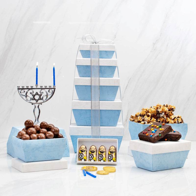 Marvelous Hanukkah Chocolate Snacks & Menorah Gift Tower - Swerseys