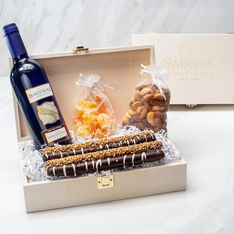 Purim Designer Treats and Moscato Keepsake Box Gift Set - Swerseys