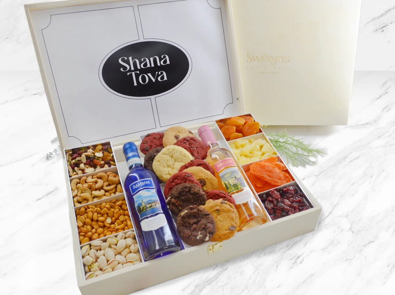 Deluxe Rosh Hashanah Gourmet Nuts, Fruits, Wines & Cookies Wood Keepsake Gift Box 6 - Swerseys