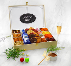 Deluxe Rosh Hashanah Gourmet Nuts, Fruits, Wines & Cookies Wood Keepsake Gift Box - Swerseys