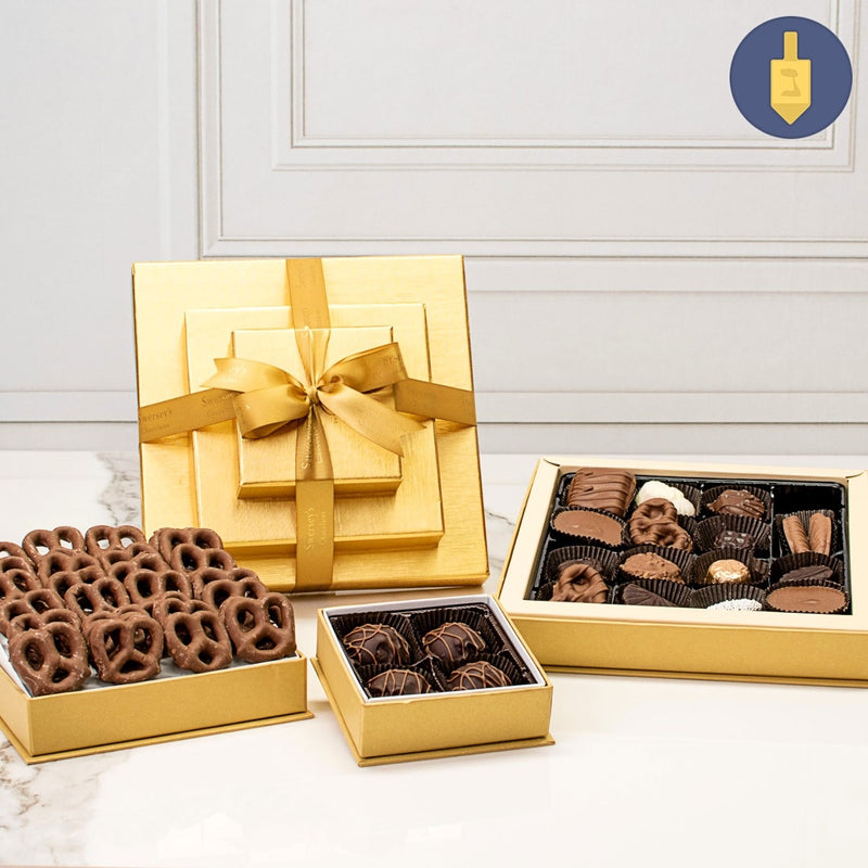 Swerseys Hanukkah Deluxe Gold 3 Tier Chocolate Gift Tower