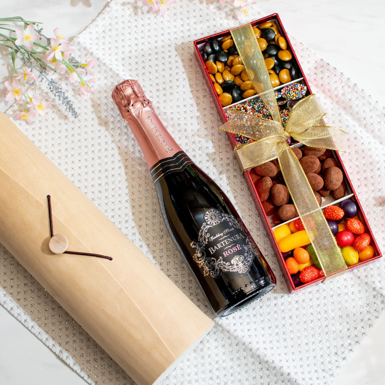 Purim Mishloach Manot & Sparkling Wine Gift Set with Wood Wine Case