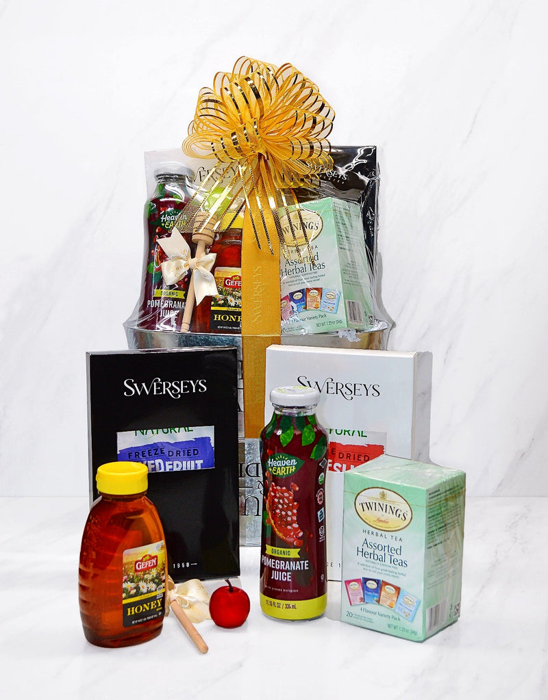 Deluxe Rosh Hashanah Gift Basket - Gift Basket, honey, Assorted Teas, Pomegranate Juice and Dried Fruit
