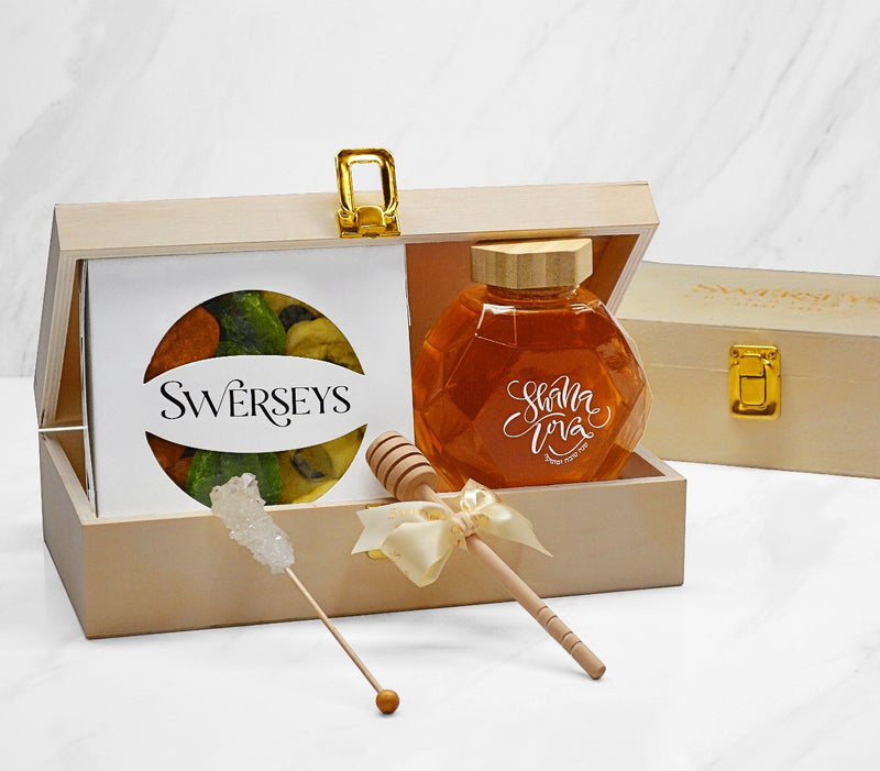Rosh Hashanah Fruit & Honey Wooden Gift Box - Dried Fruit in Swerseys giftbox, Honey in jar, Sugar stirrer and Honey Dipper in Wooden box.