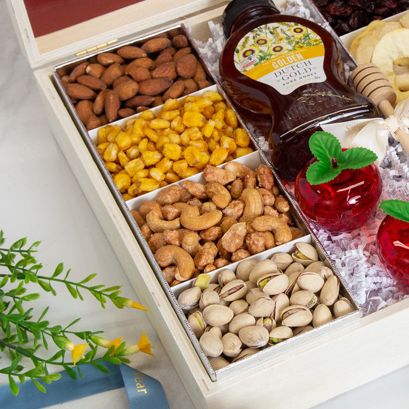 Rosh Hashanah Gourmet Nuts & Dried Fruit Wood Keepsake Gift Box 2 - Swerseys 