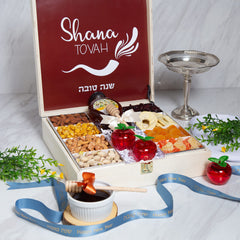 Rosh Hashanah Gourmet Nuts & Dried Fruit Wood Keepsake Gift Box 4 - Swerseys