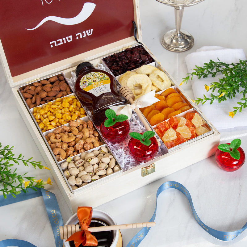 Rosh Hashanah Gourmet Nuts & Dried Fruit Wood Keepsake Gift Box - Swerseys