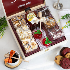 Rosh Hashanah Gourmet Popcorn & Cookies Wood Keepsake Gift Box - Swerseys