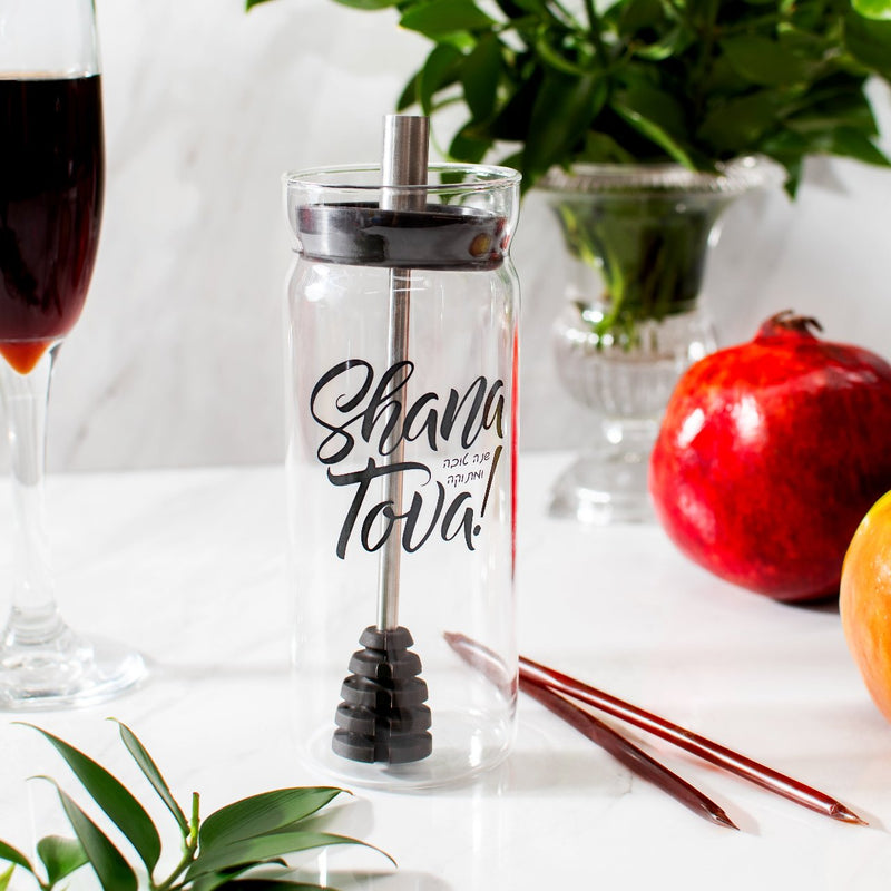 Rosh Hashanah Modern Honey Server with Honey Dipper & Treats Gift