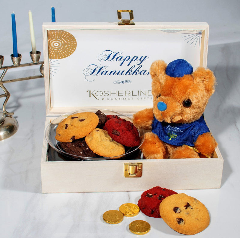 Swerseys Hanukkah Luxe Cookies and Chocolate Gelt Teddy Chest Wooden Gift Box