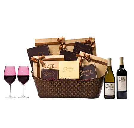 VIP Wine Kosher Chocolate Gift Basket with Designer Wine Glasses - Swerseys Chocolate